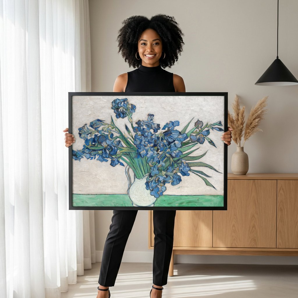 Quadro Decorativo Irises - Van Gogh com modelo em ambiente