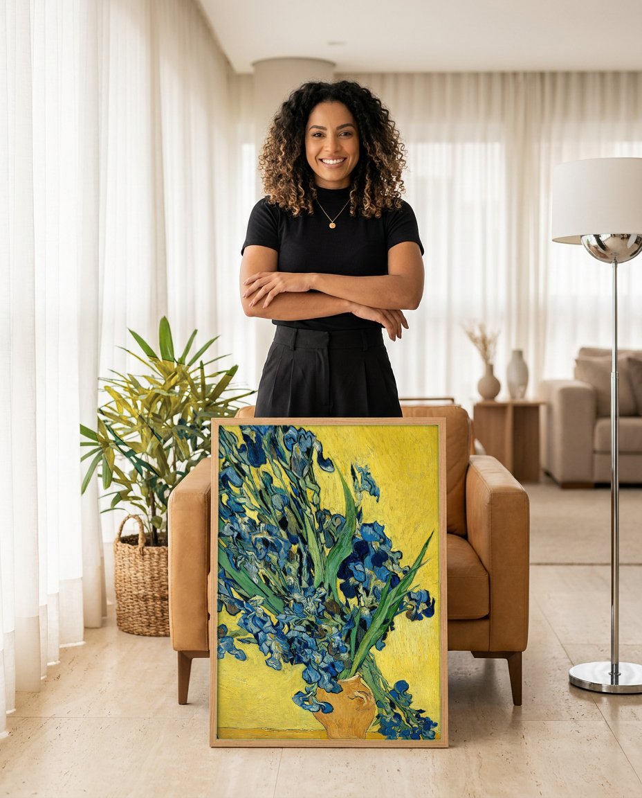 Quadro Decorativo Irises - Van Gogh com modelo em ambiente
