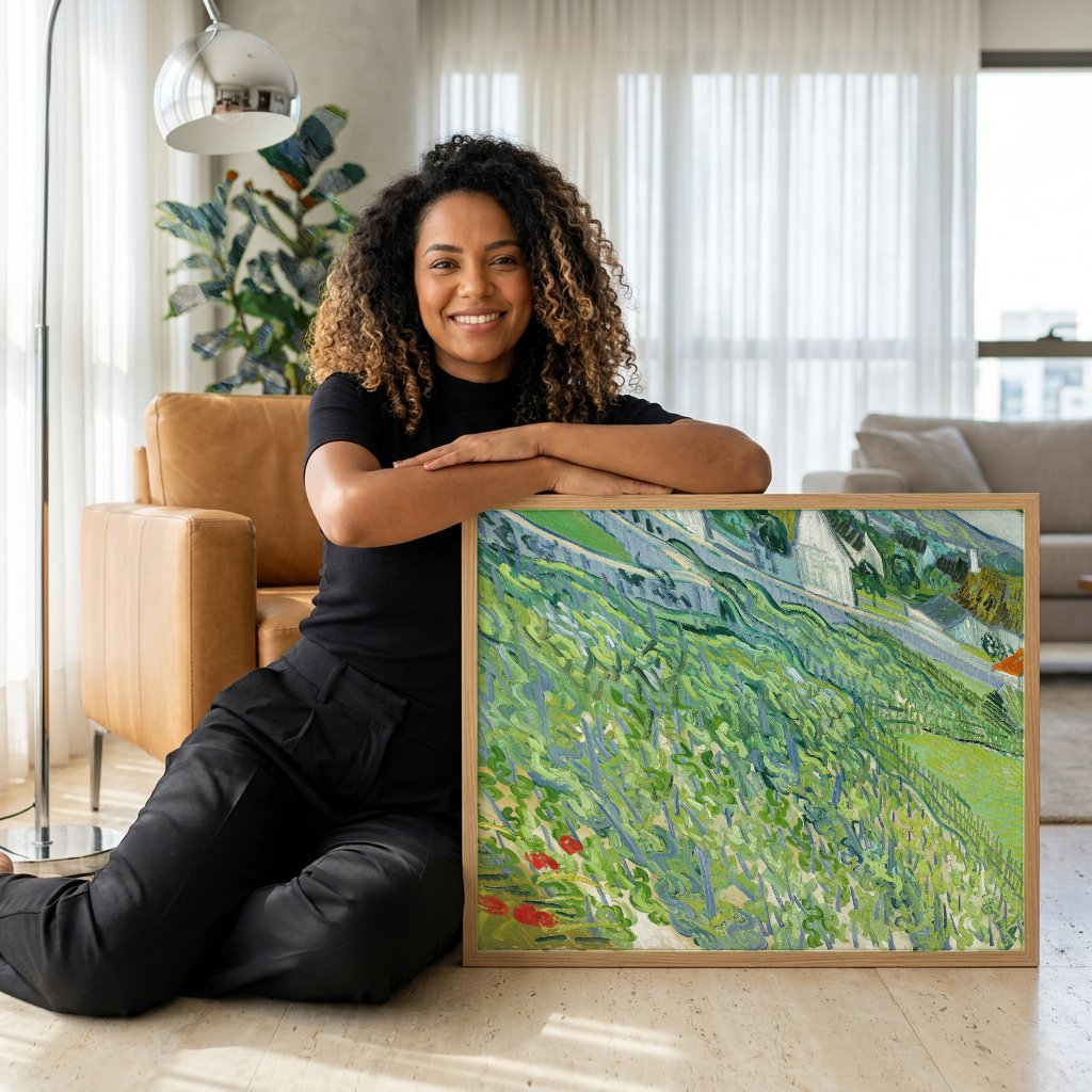Quadro Decorativo A Vinha Verde - Van Gogh com modelo em ambiente