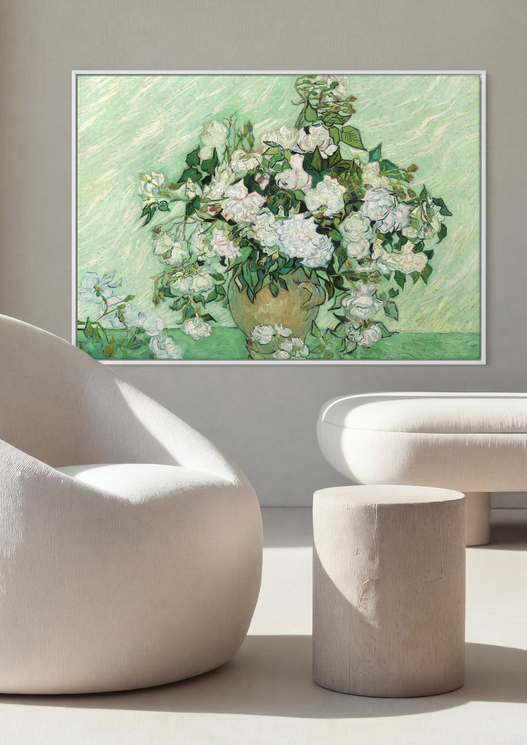 Quadro Decorativo Rosas Brancas - Van Gogh em ambiente decorado