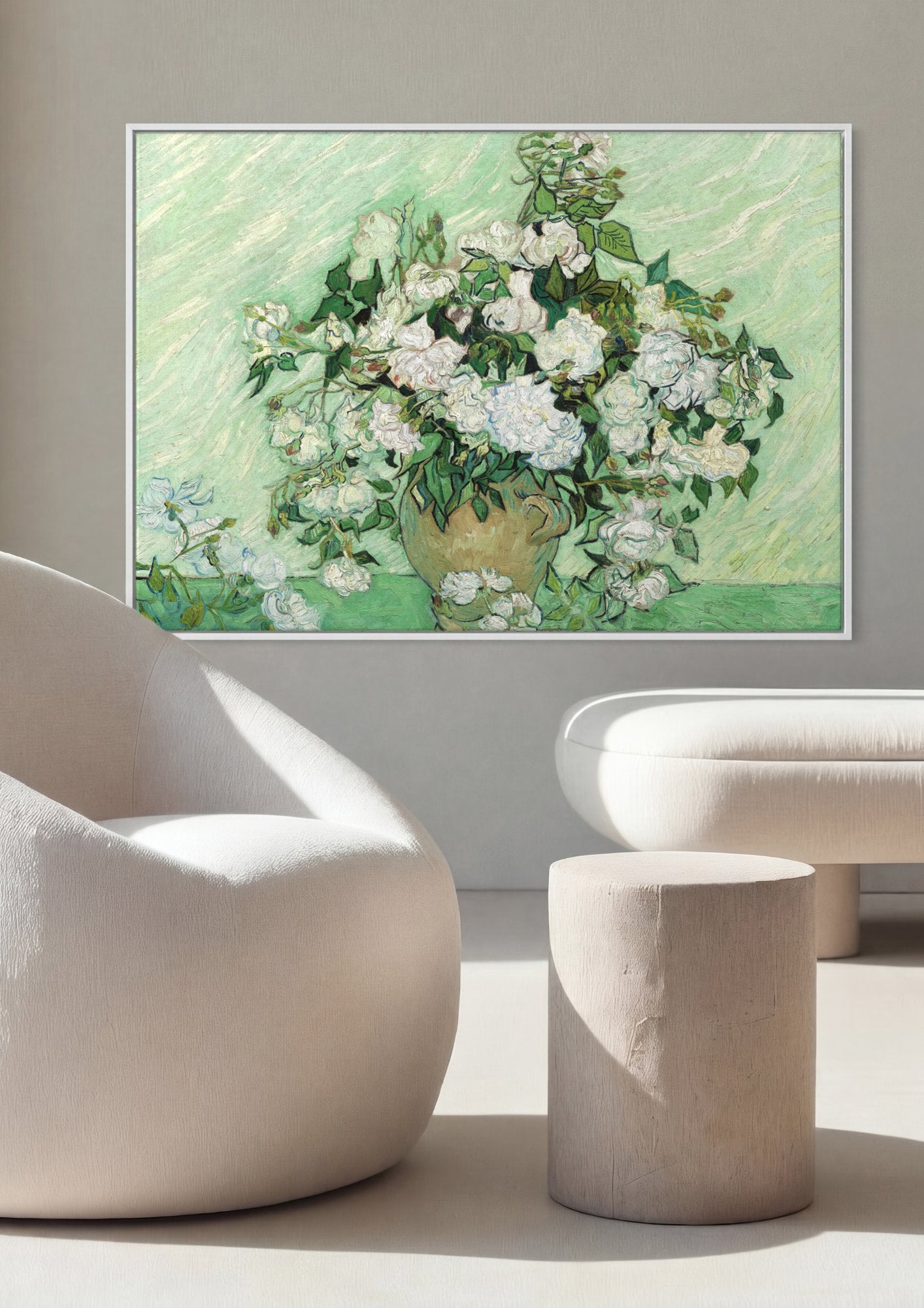Quadro Decorativo Rosas Brancas - Van Gogh em ambiente decorado