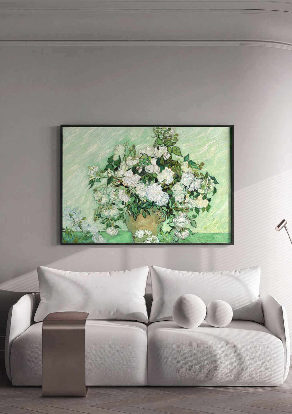 Quadro Decorativo Rosas Brancas - Van Gogh em ambiente decorado