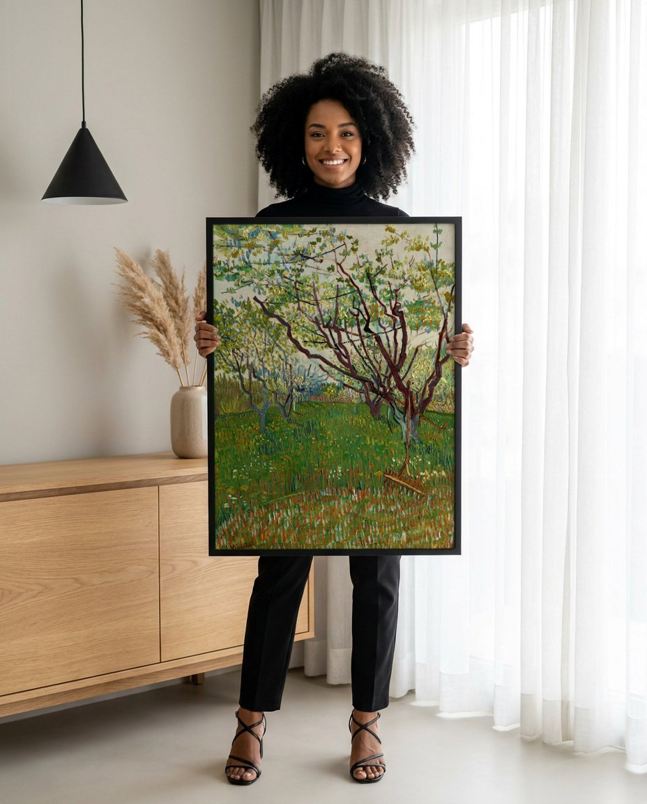 Quadro Decorativo Pomar em Flor - Van Gogh com modelo em ambiente
