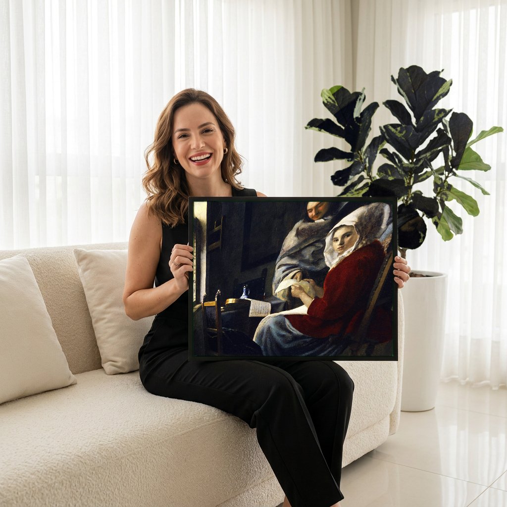 Quadro Decorativo A Lição de Música - Johannes Vermeer com modelo em ambiente