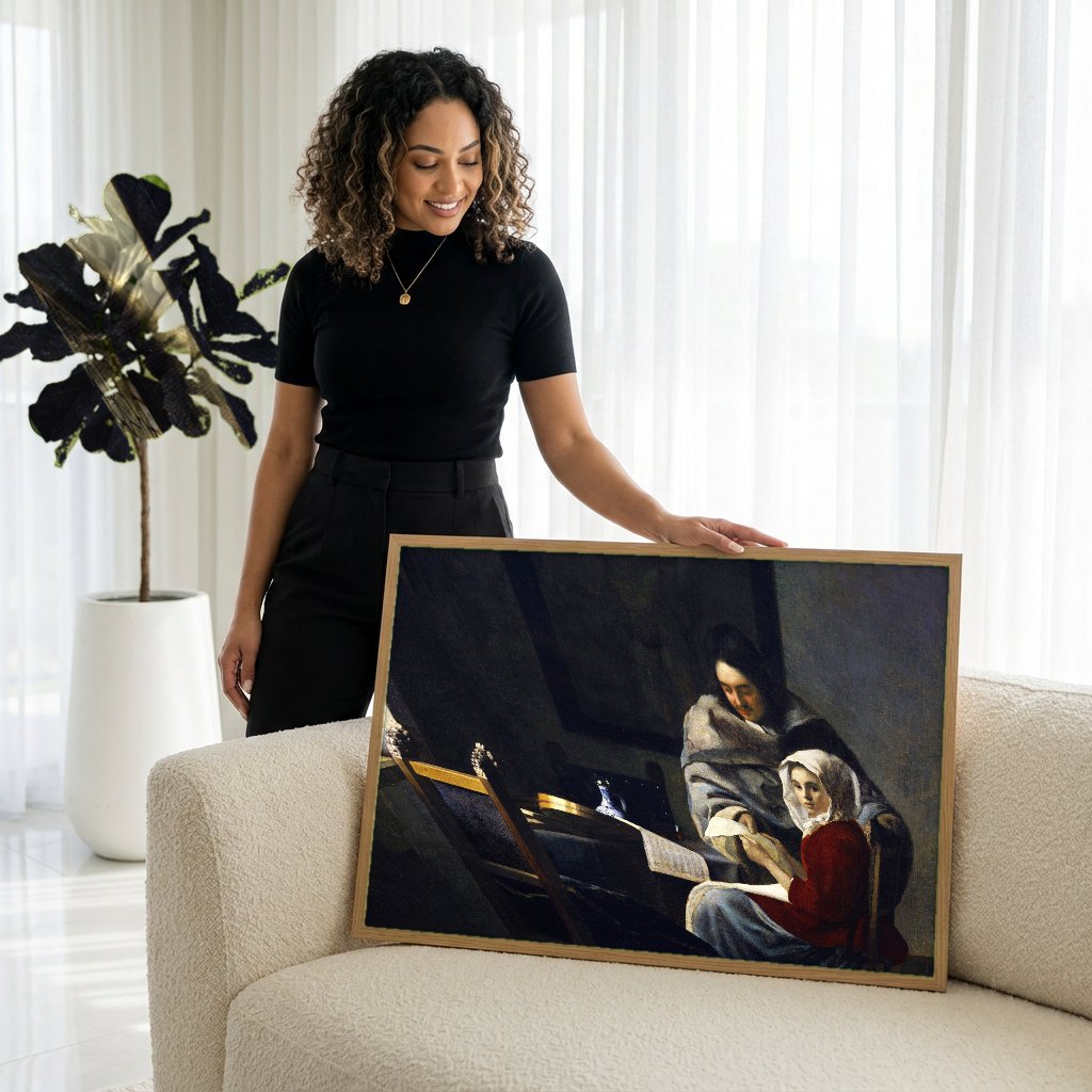 Quadro Decorativo A Lição de Música - Johannes Vermeer com modelo em ambiente