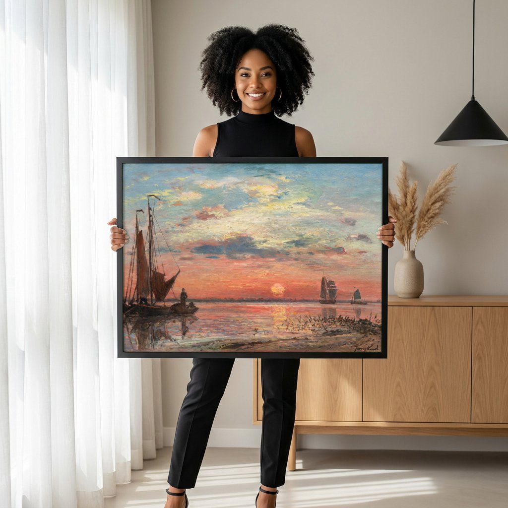 Quadro Decorativo Pôr do Sol no Rio - Johan Barthold Jongkind com modelo em ambiente