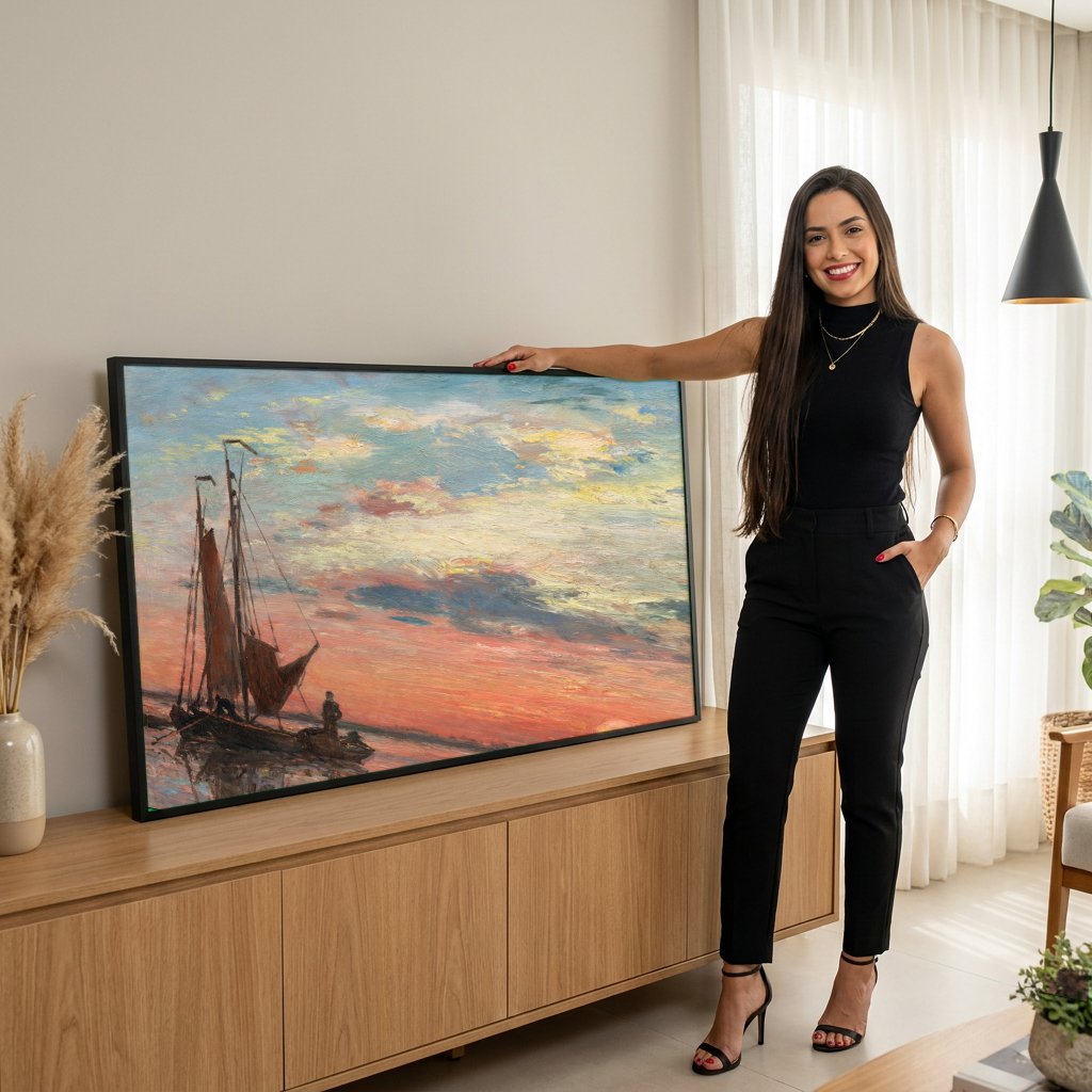 Quadro Decorativo Pôr do Sol no Rio - Johan Barthold Jongkind com modelo em ambiente