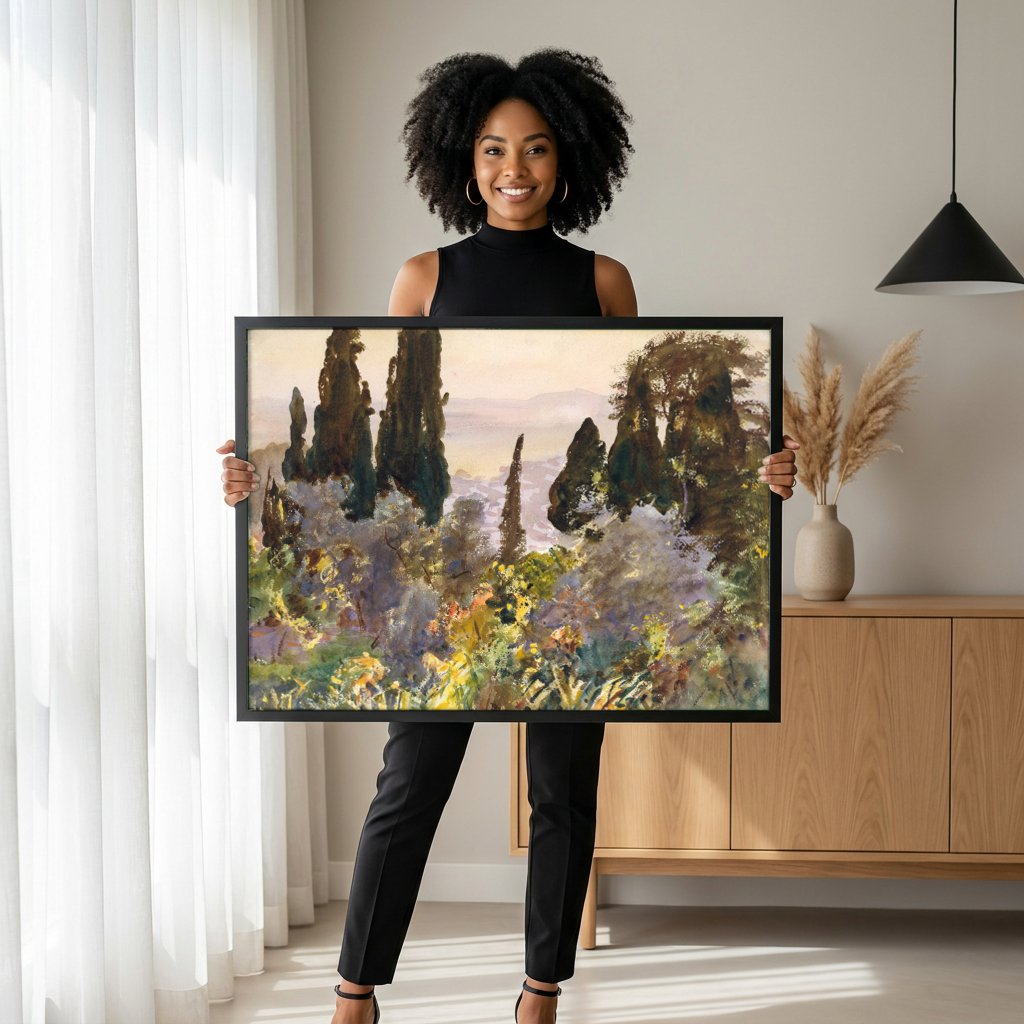 Quadro Decorativo Jardins na Itália - John Singer Sargent com modelo em ambiente