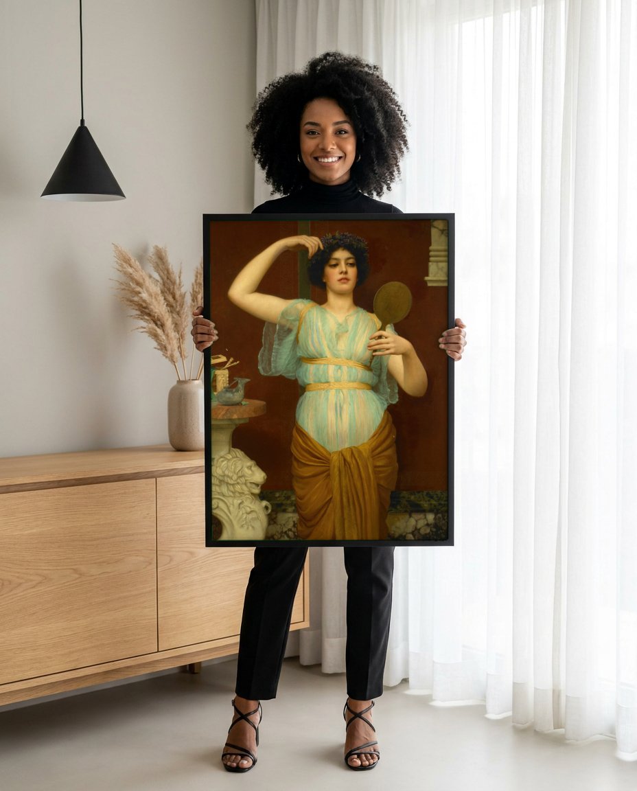 Quadro Decorativo A Coroa de Flores - John William Godward com modelo em ambiente