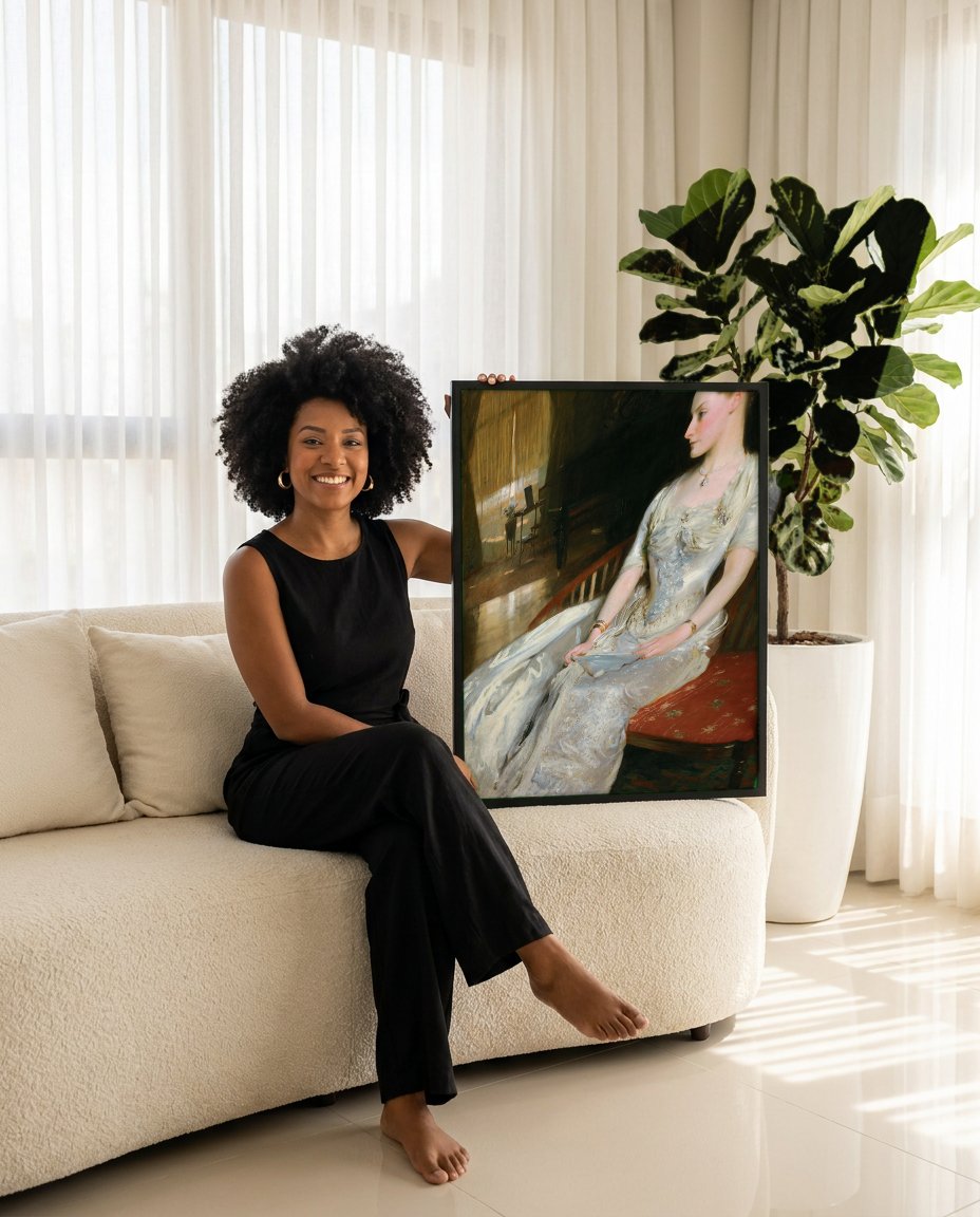 Quadro Decorativo Senhora em Branco - John Singer Sargent com modelo em ambiente