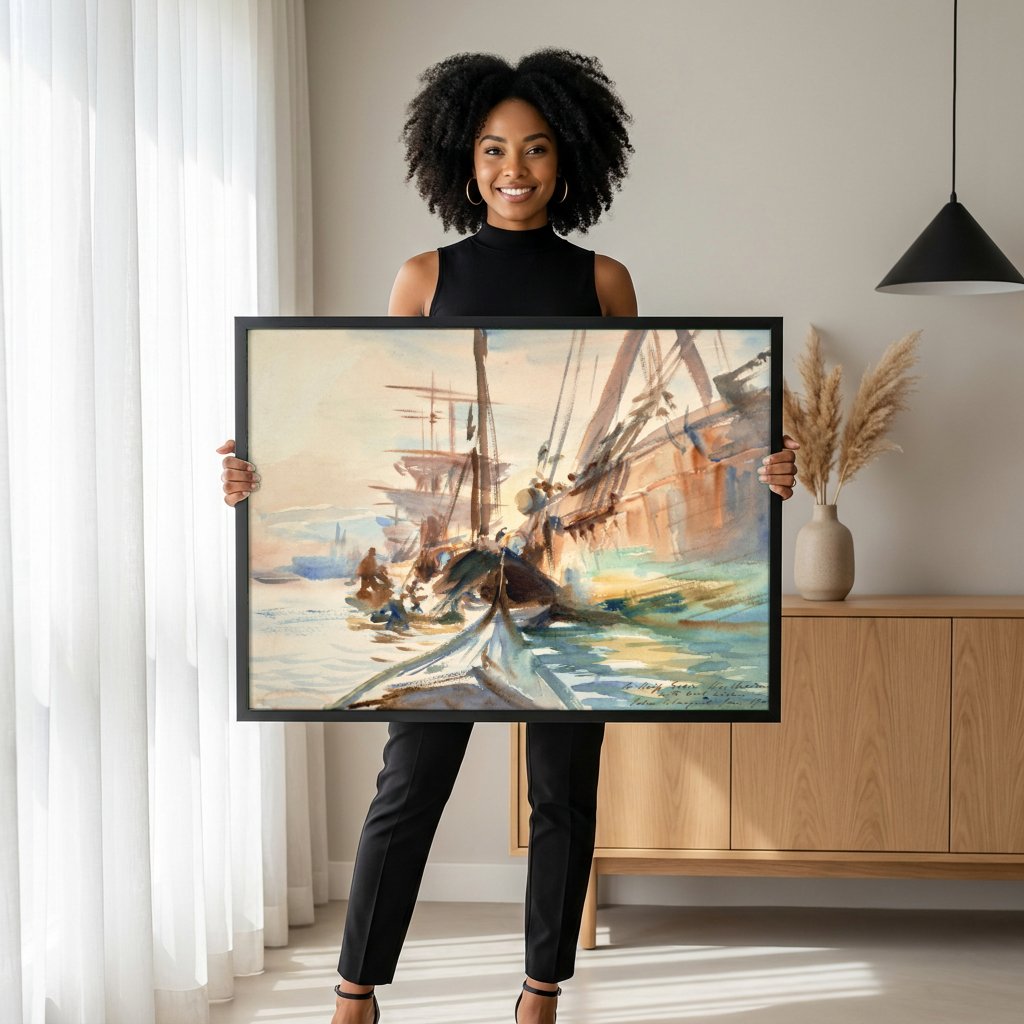 Quadro Decorativo Porto com Barcos - John Singer Sargent com modelo em ambiente