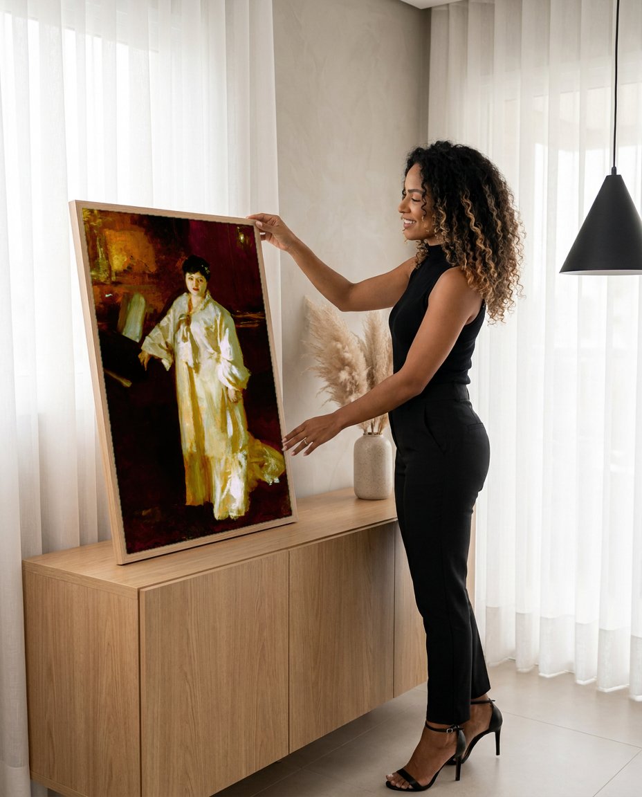 Quadro Decorativo 'A Dama de Branco' - John Singer Sargent com modelo em ambiente
