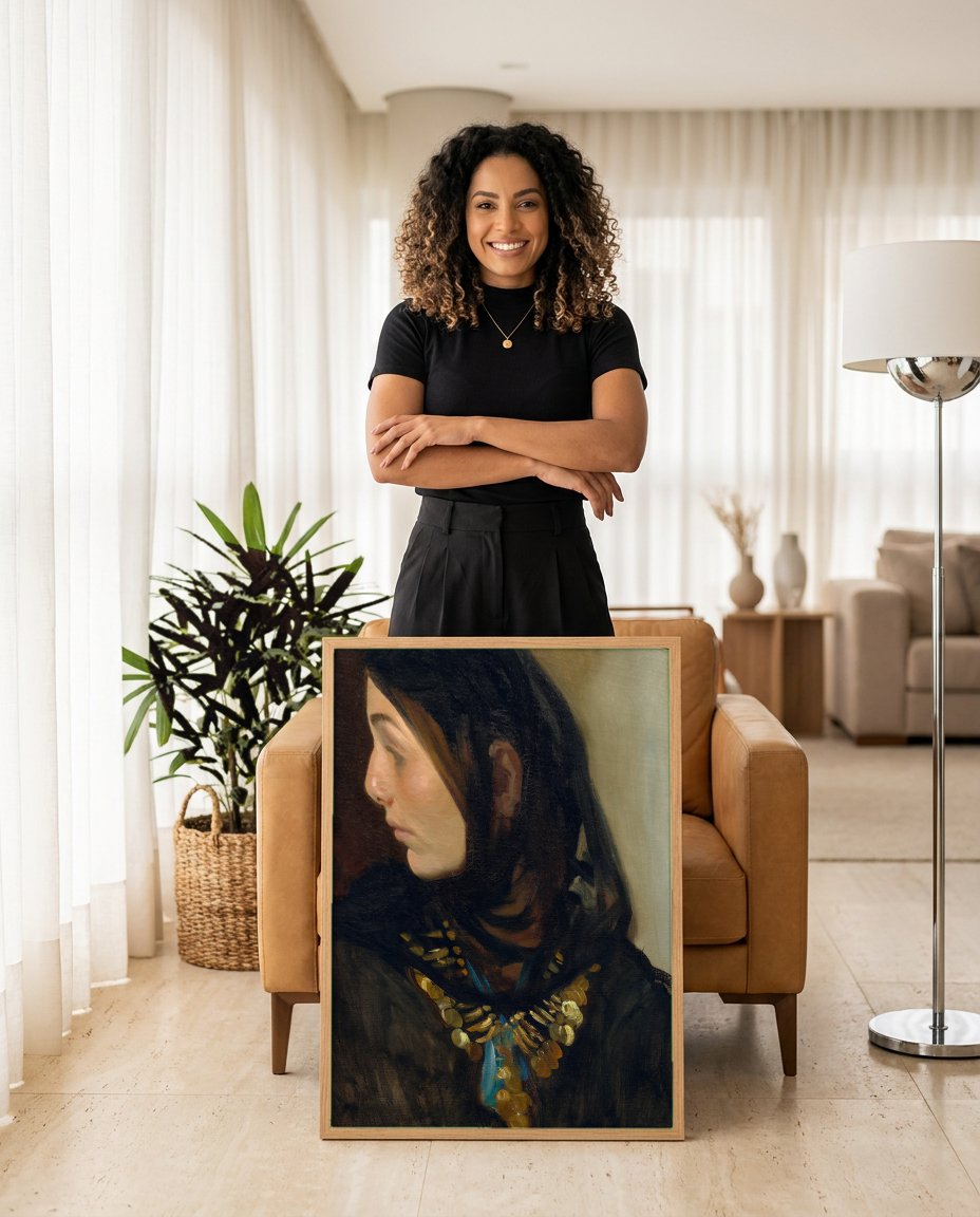 Quadro Decorativo 'Mulher com Joias' - John Singer Sargent com modelo em ambiente