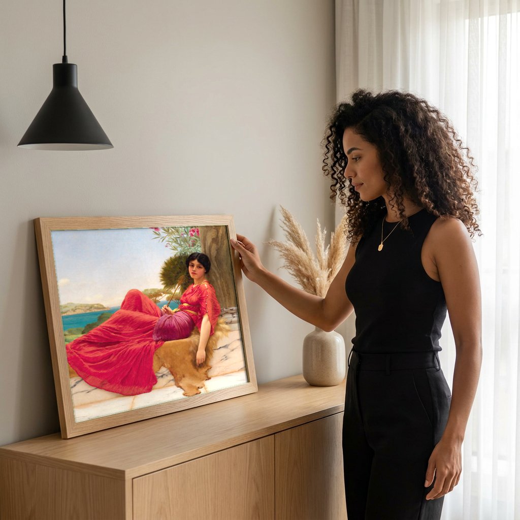 Quadro Decorativo A Pose Preguiçosa - John William Godward com modelo em ambiente