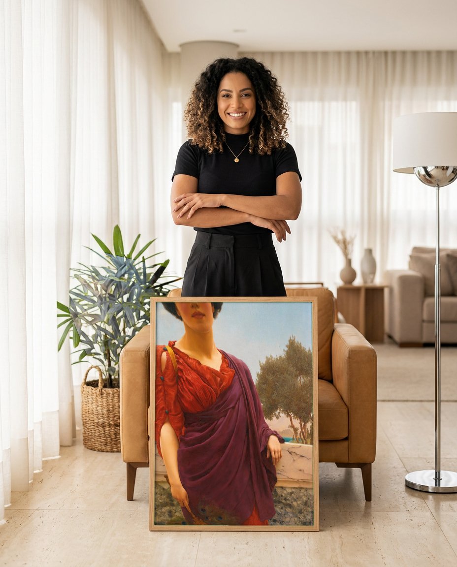 Quadro Decorativo A Jovem Favorita - John William Godward com modelo em ambiente