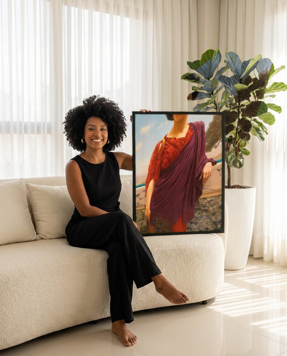 Quadro Decorativo A Jovem Favorita - John William Godward com modelo em ambiente
