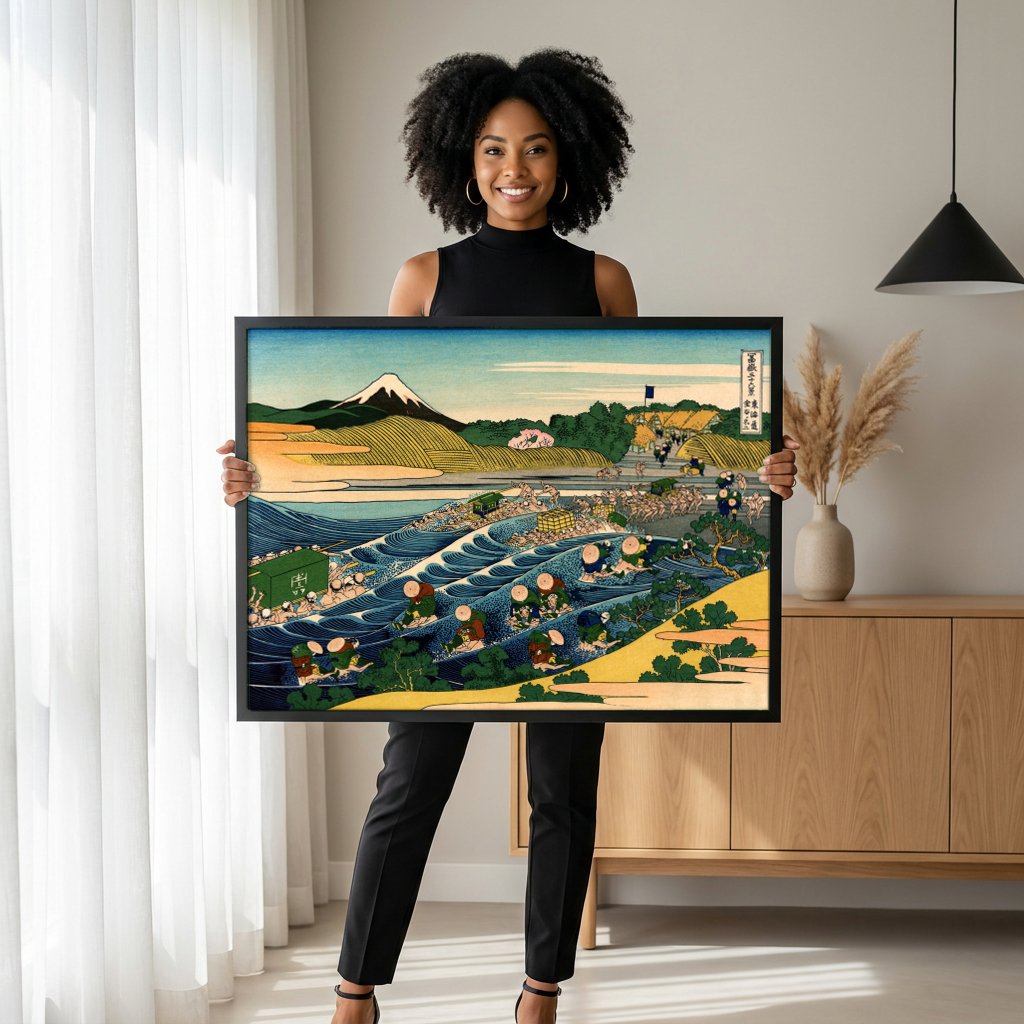 Quadro Decorativo A Travessia do Rio Ōi - Hokusai com modelo em ambiente