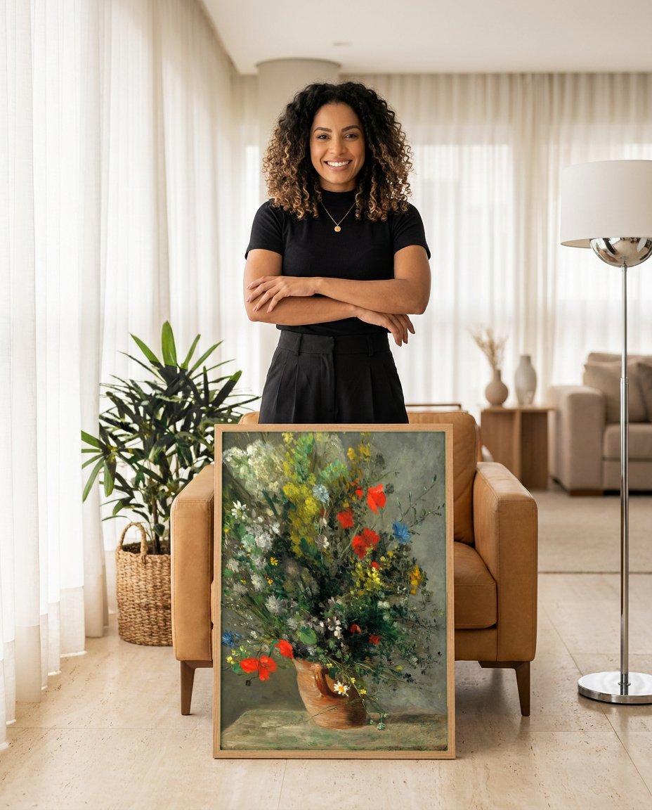 Quadro Decorativo Vaso de Flores - Renoir com modelo em ambiente