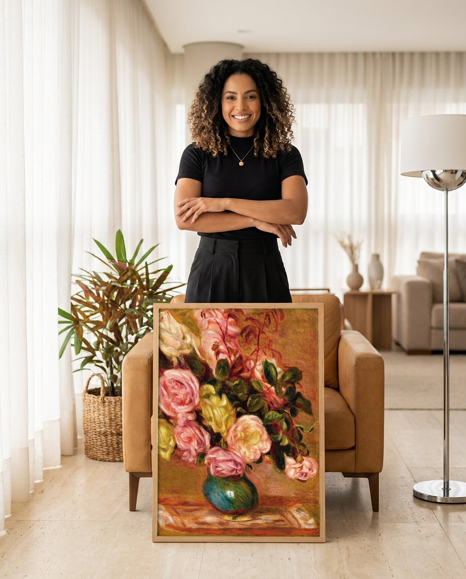 Quadro Decorativo Rosas em Vaso - Renoir com modelo em ambiente