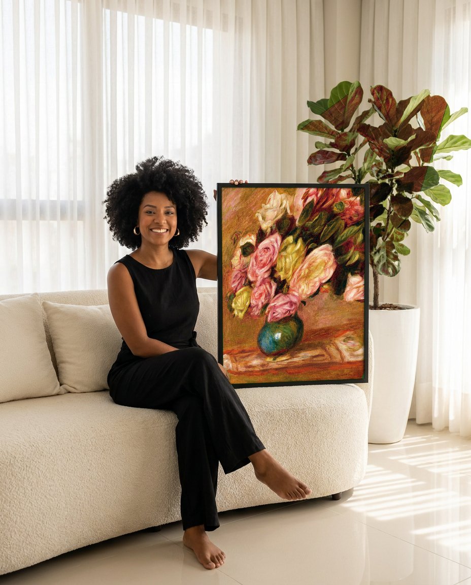 Quadro Decorativo Rosas em Vaso - Renoir com modelo em ambiente
