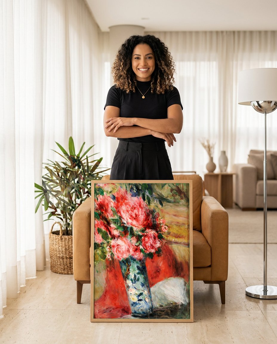 Quadro Decorativo Rosas em Vaso - Renoir com modelo em ambiente