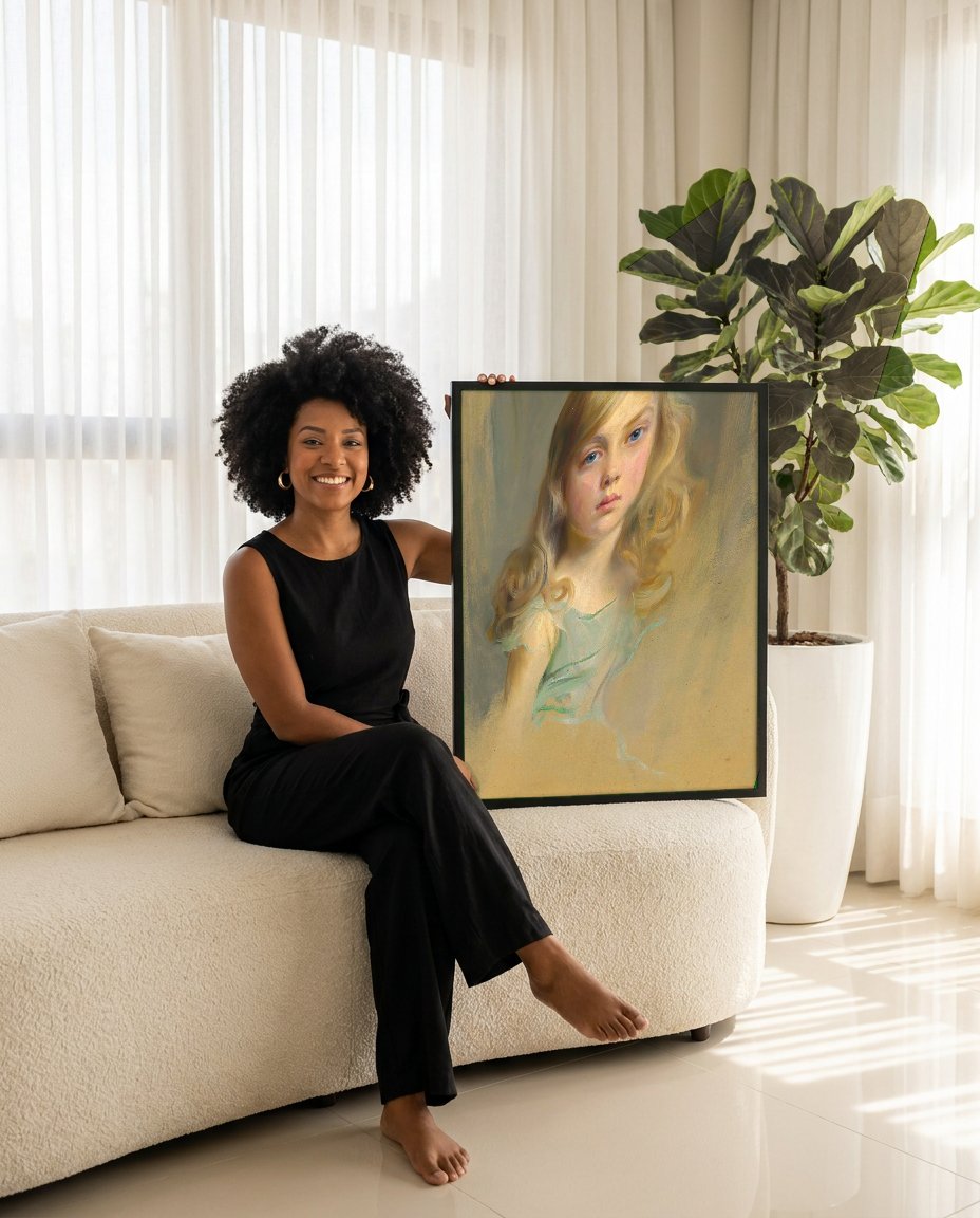Quadro Decorativo Retrato de Menina Loira - Philip Alexius de László com modelo em ambiente