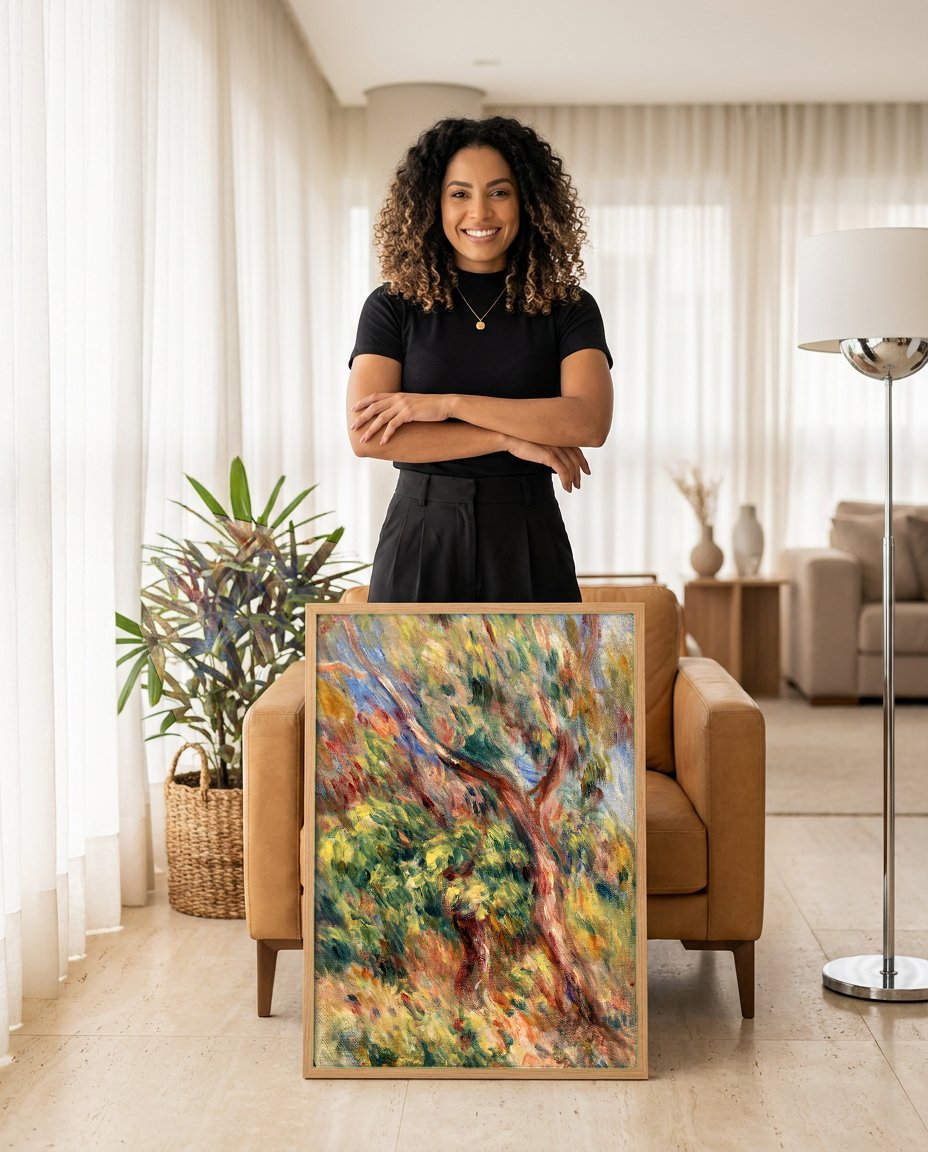 Quadro Decorativo Árvore em Flor - Renoir com modelo em ambiente