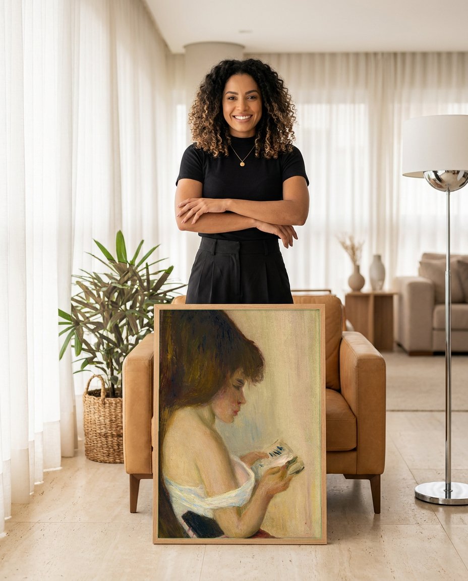 Quadro Decorativo Jovem Lendo - Renoir com modelo em ambiente