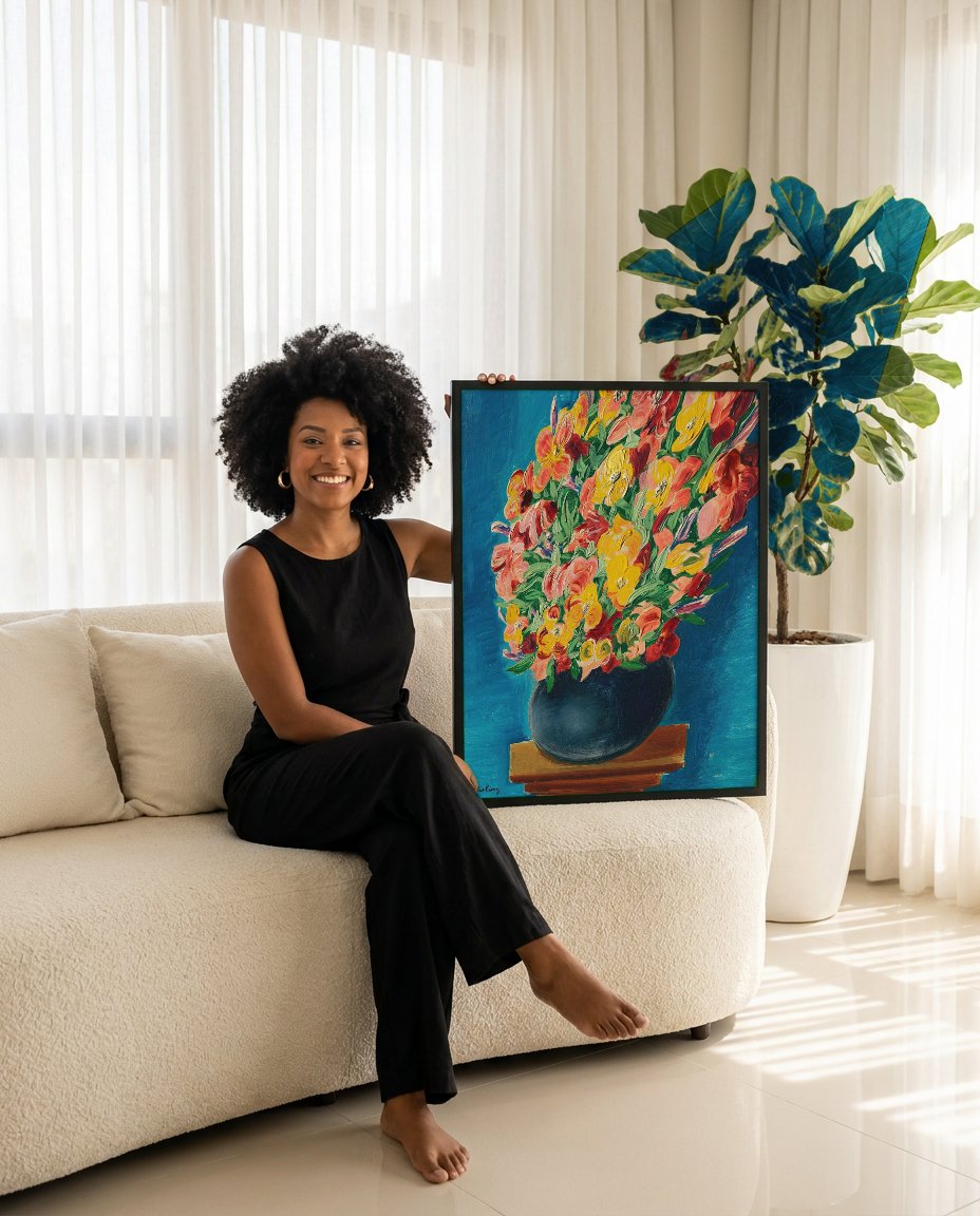 Quadro Decorativo 'Bouquet de Flores' - Moïse Kisling com modelo em ambiente