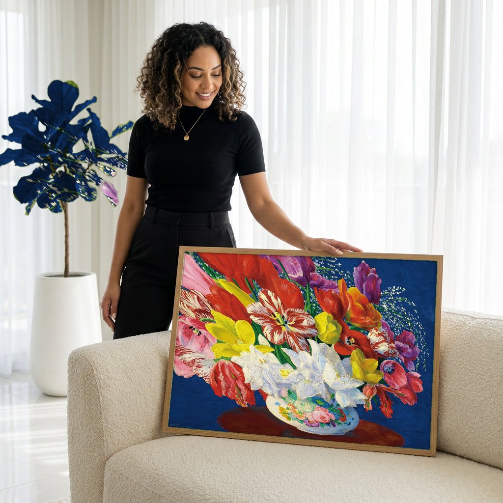 Quadro Decorativo 'Bouquet de Flores' - Moïse Kisling com modelo em ambiente