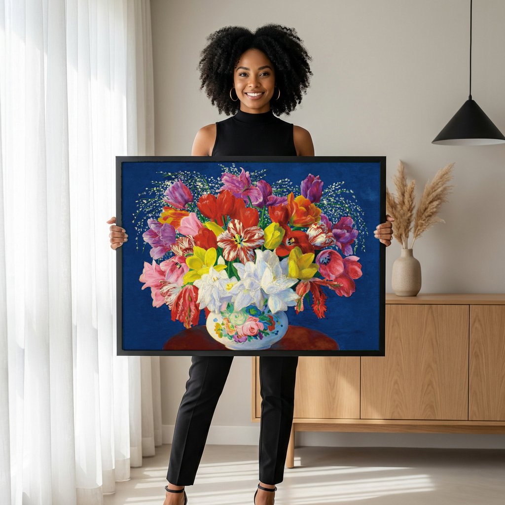 Quadro Decorativo 'Bouquet de Flores' - Moïse Kisling com modelo em ambiente