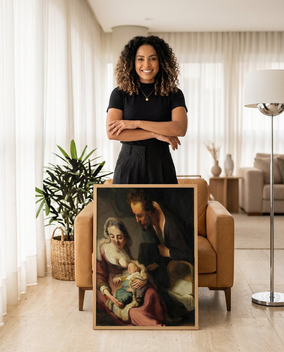 Quadro Decorativo A Sagrada Família (Noite) - Rembrandt com modelo em ambiente