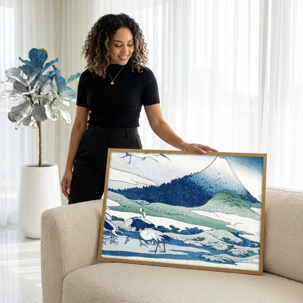 Quadro Decorativo 'As Garças de Umegaoka' - Hokusai com modelo em ambiente