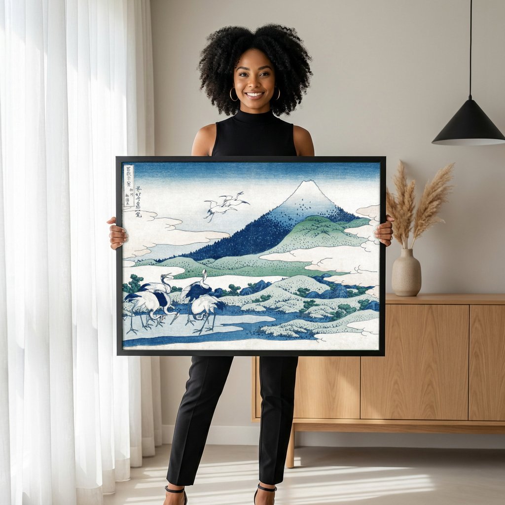 Quadro Decorativo 'As Garças de Umegaoka' - Hokusai com modelo em ambiente
