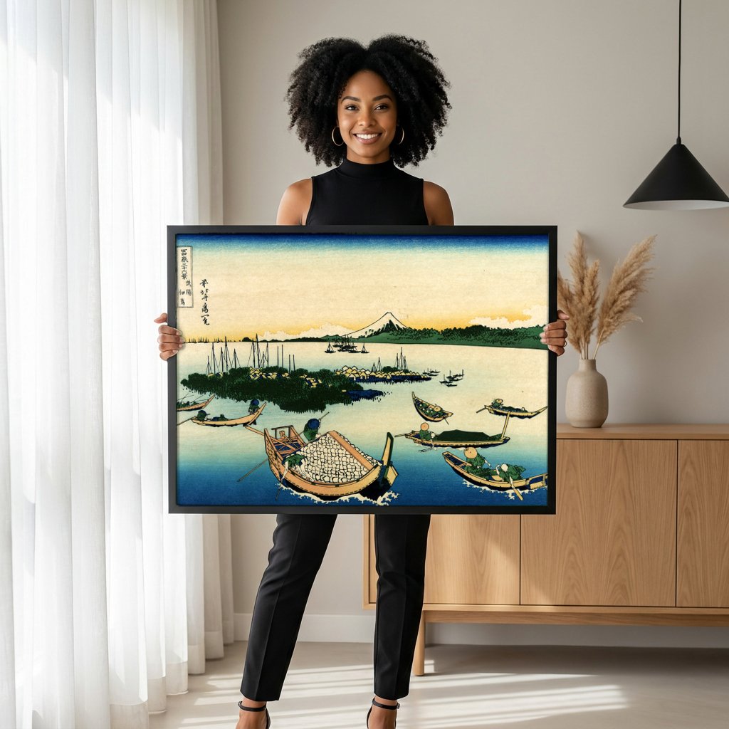Quadro Decorativo A Lagoa de Hakone - Hokusai com modelo em ambiente