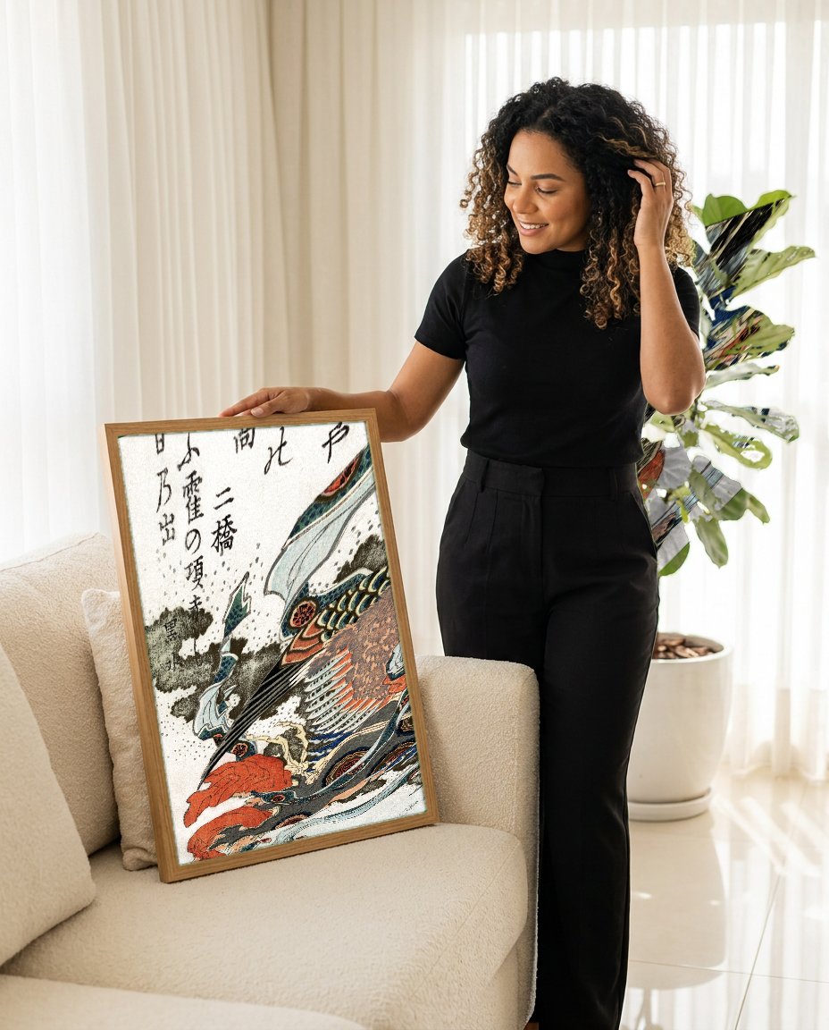 Quadro Decorativo Karura (Karyōbinga) - Hokusai com modelo em ambiente