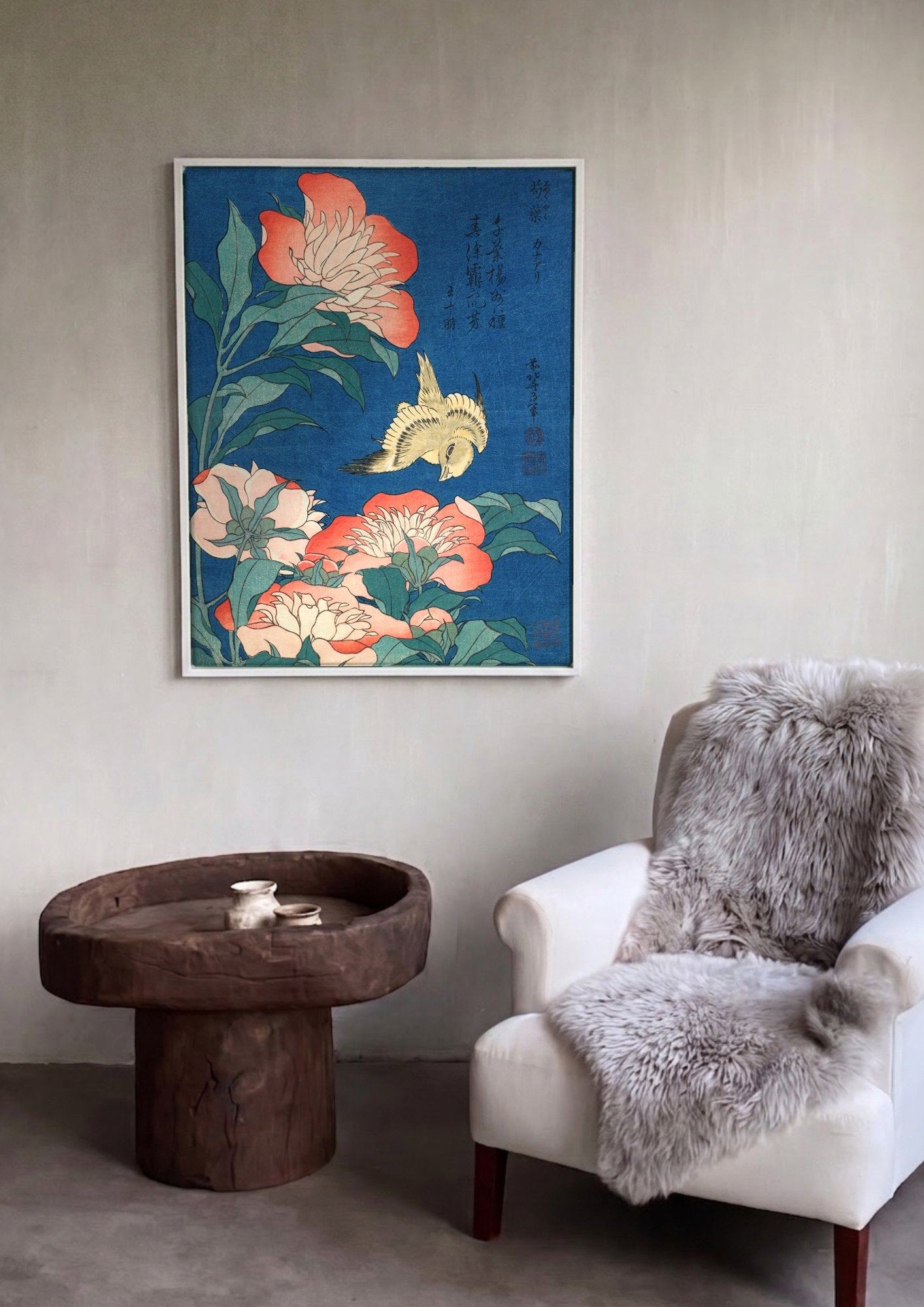 Quadro Decorativo Peônias e Pássaro - Hokusai em ambiente decorado