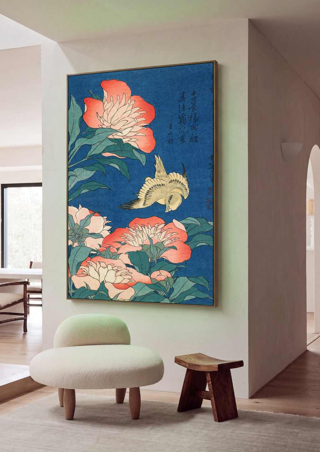 Quadro Decorativo Peônias e Pássaro - Hokusai em ambiente decorado