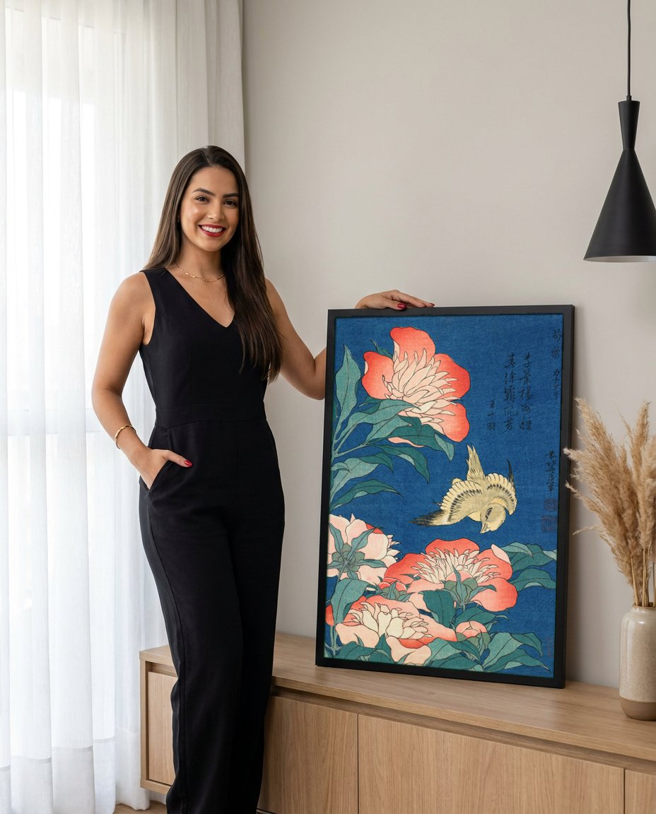 Quadro Decorativo Peônias e Pássaro - Hokusai com modelo em ambiente