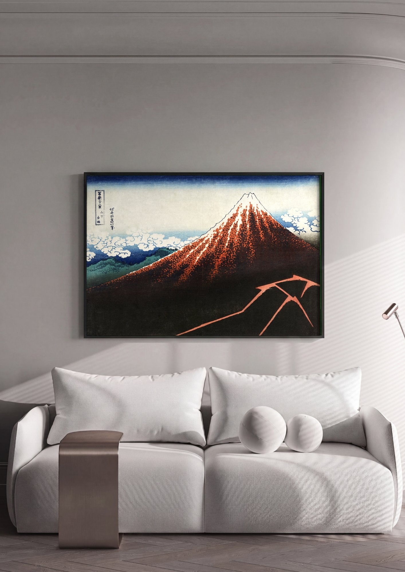Quadro Decorativo Montanha Vermelha - Hokusai em ambiente decorado