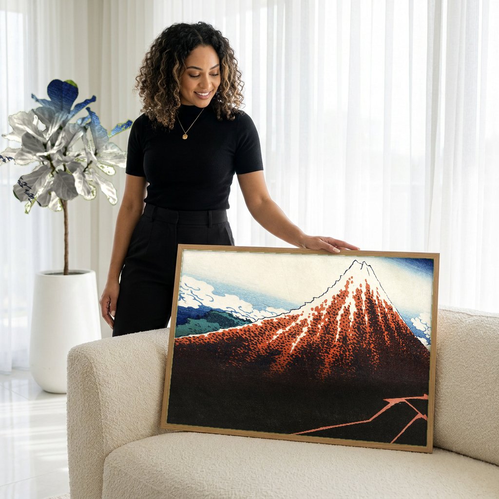 Quadro Decorativo Montanha Vermelha - Hokusai com modelo em ambiente