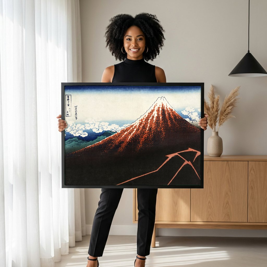 Quadro Decorativo Montanha Vermelha - Hokusai com modelo em ambiente