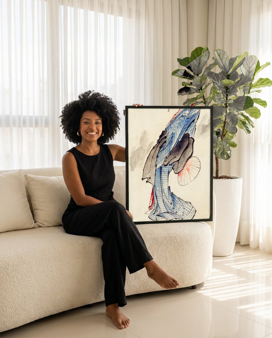 Quadro Decorativo A Gueixa Elegante - Hokusai com modelo em ambiente