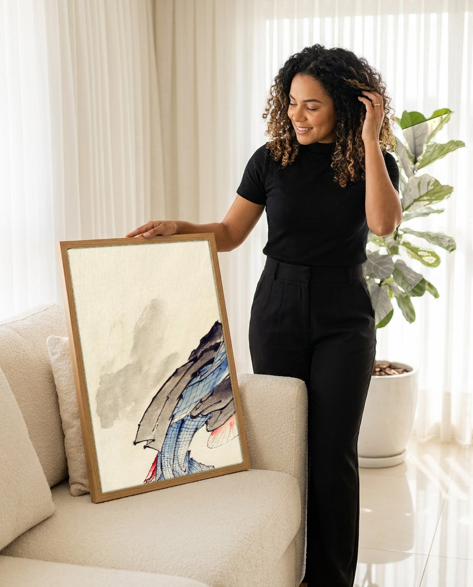 Quadro Decorativo A Gueixa Elegante - Hokusai com modelo em ambiente