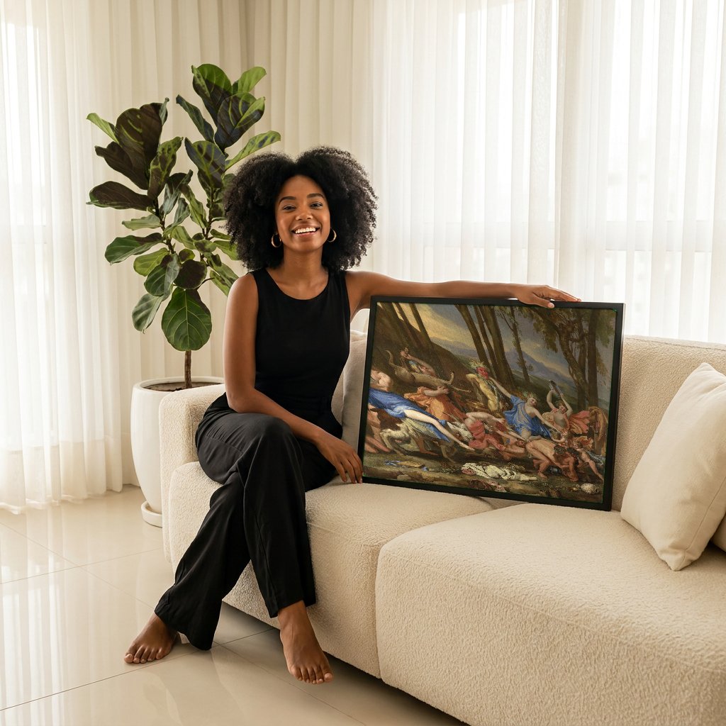 Quadro Decorativo O Triunfo de Pã - Nicolas Poussin com modelo em ambiente