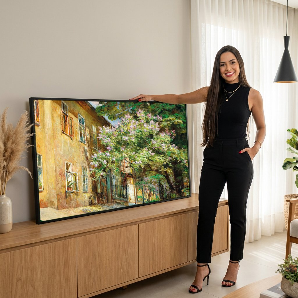Quadro Decorativo Pátio Florido e Ensolarado - Marie Egner com modelo em ambiente
