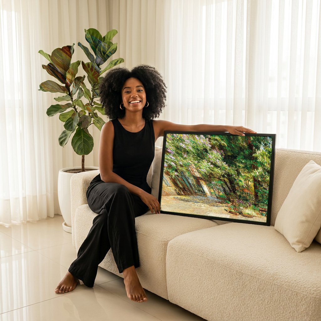 Quadro Decorativo Pátio Florido e Ensolarado - Marie Egner com modelo em ambiente