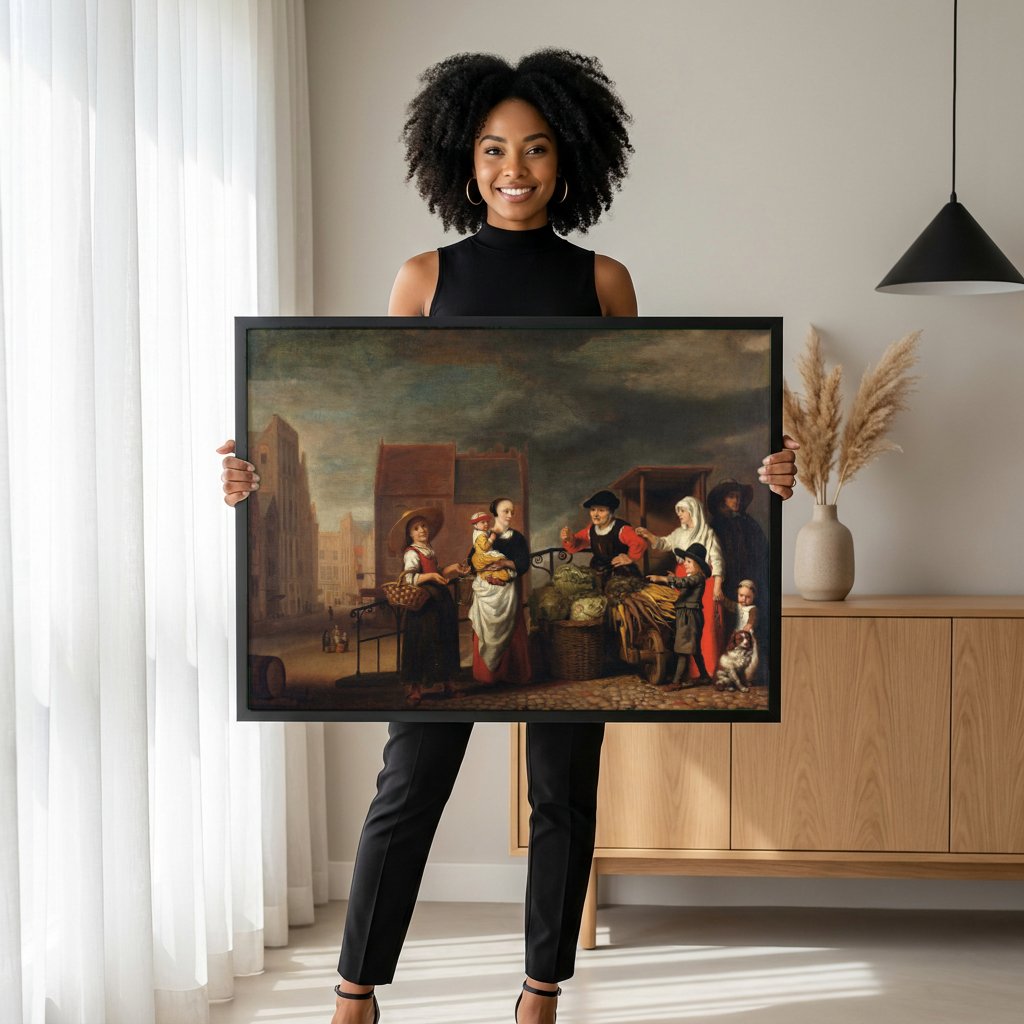Quadro Decorativo Cena de Mercado - Nicolaes Maes com modelo em ambiente