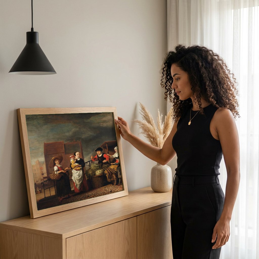 Quadro Decorativo Cena de Mercado - Nicolaes Maes com modelo em ambiente