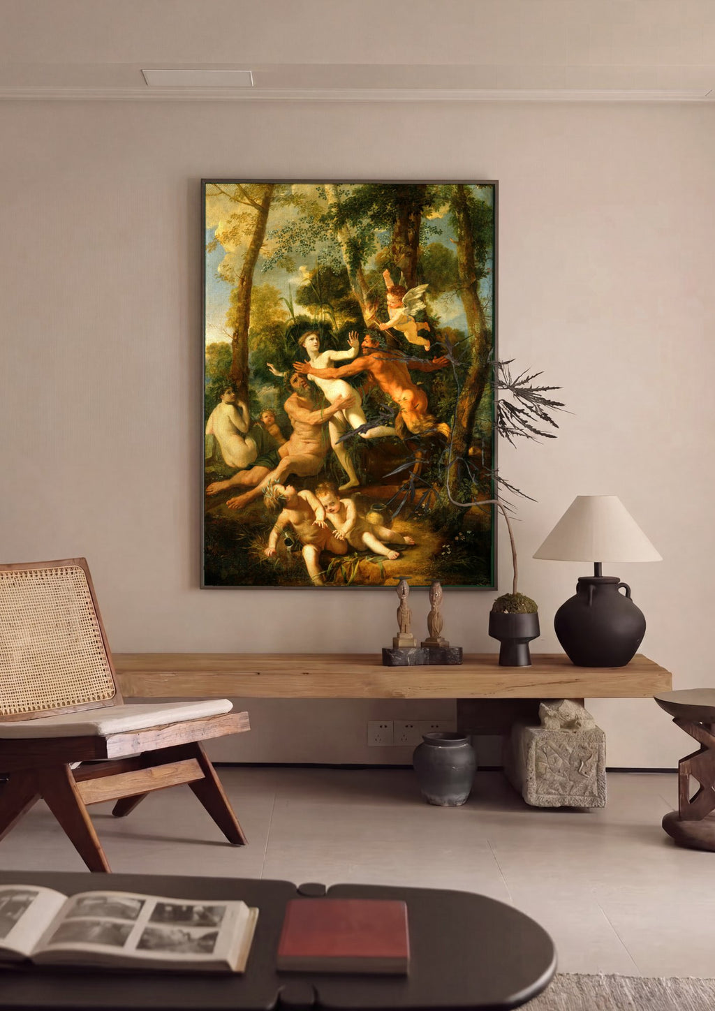 Quadro Decorativo Ninfas e Faunos - Nicolas Poussin em ambiente decorado